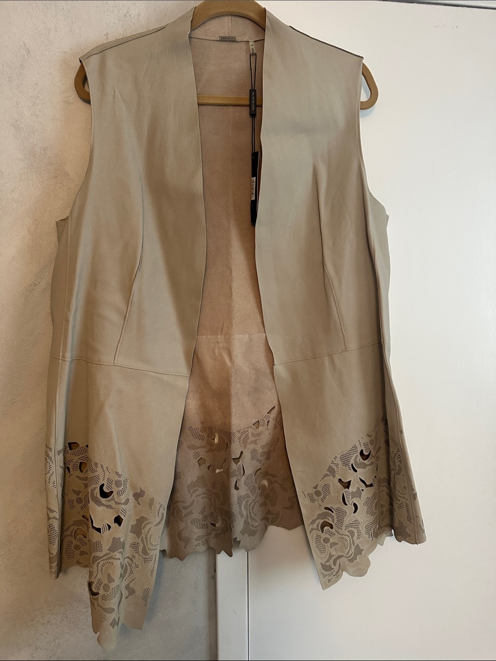 Elie Tahari Taupe Laser-Cut Leather Sleeveless Vest